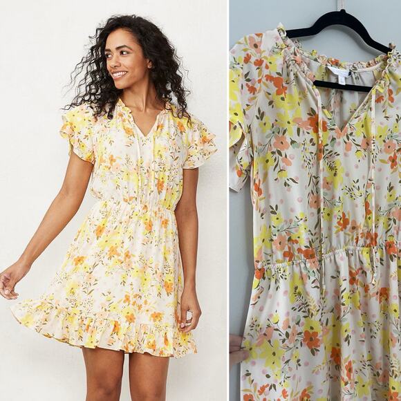 Lauren Conrad Dresses & Skirts - Lauren Conrad Yellow Floral Girly Summer Ruffle-Sleeve Fit & Flare Dress Large